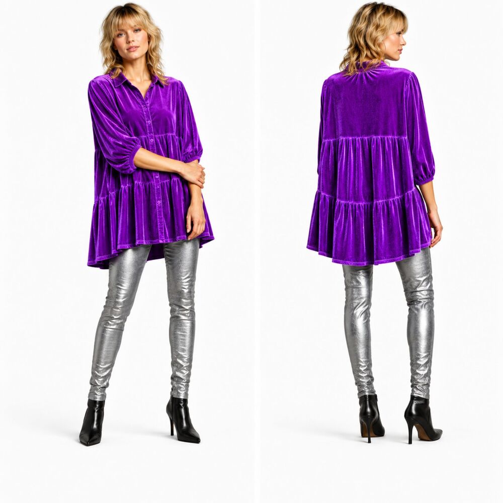 NWT UMGEE Oversized violet velvet button front tiered back hi-low hem tunic top